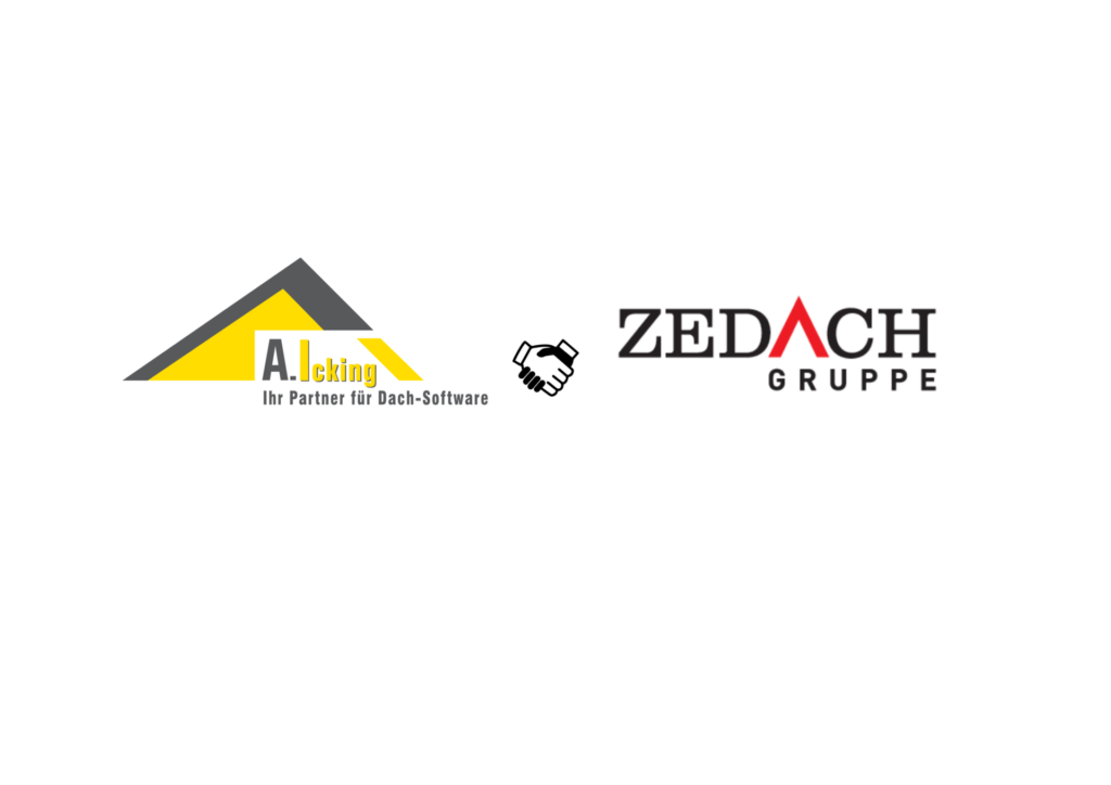 Links im Bild ist das Logo der A. Icking GmbH, ein gelb grausen Dach mit der Unterschrift A. Icking GmbH. Ihr Partner für Dach-Software. In der Mitte befinden sich zwei Hände die sich schütteln und rechts im Bild ist das Logo der Zedach, mit dem markant rotem A.